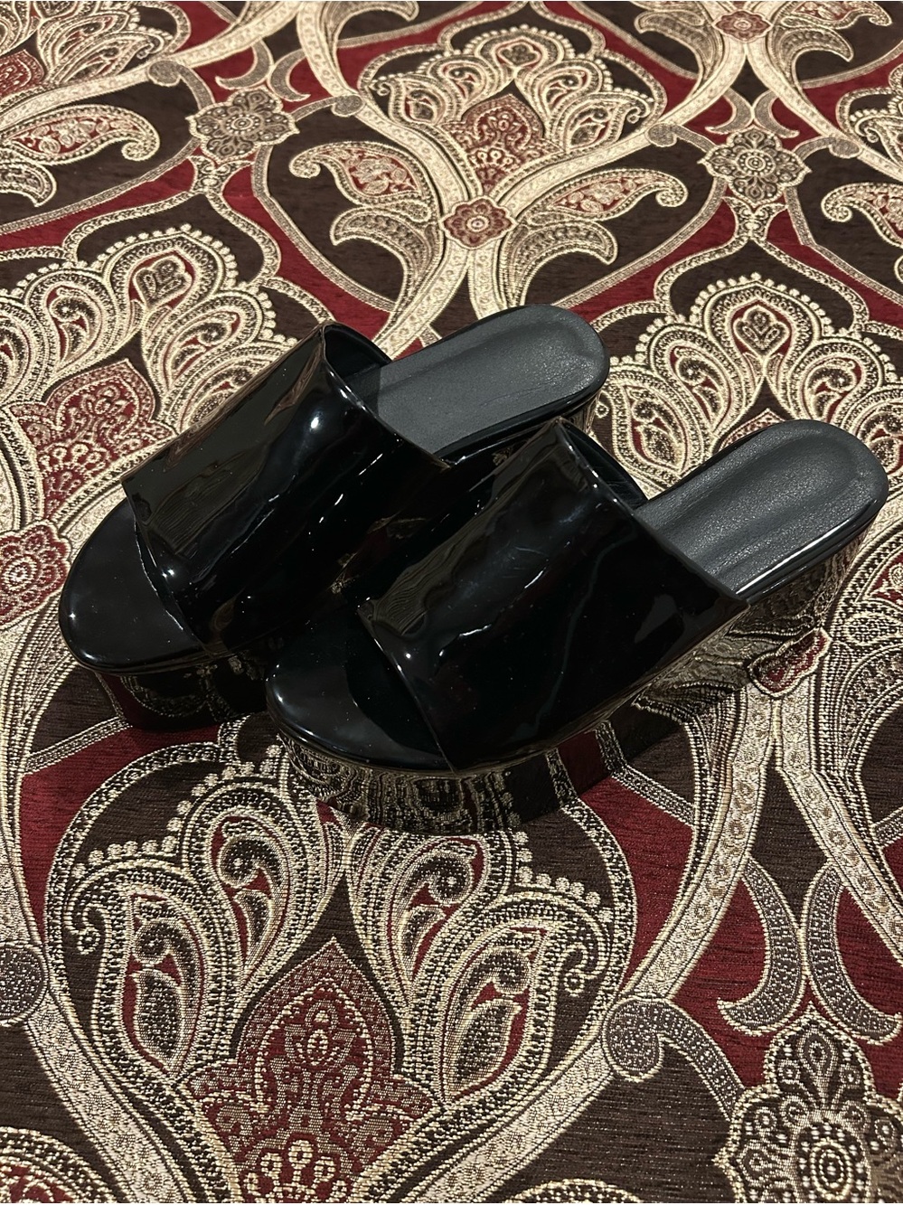 Patent Black Platform Slide Sandals - Women's